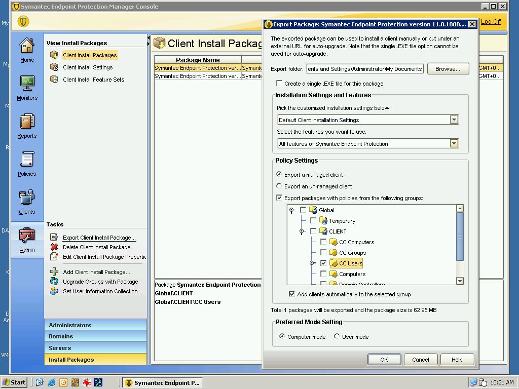 symantec endpoint client install package